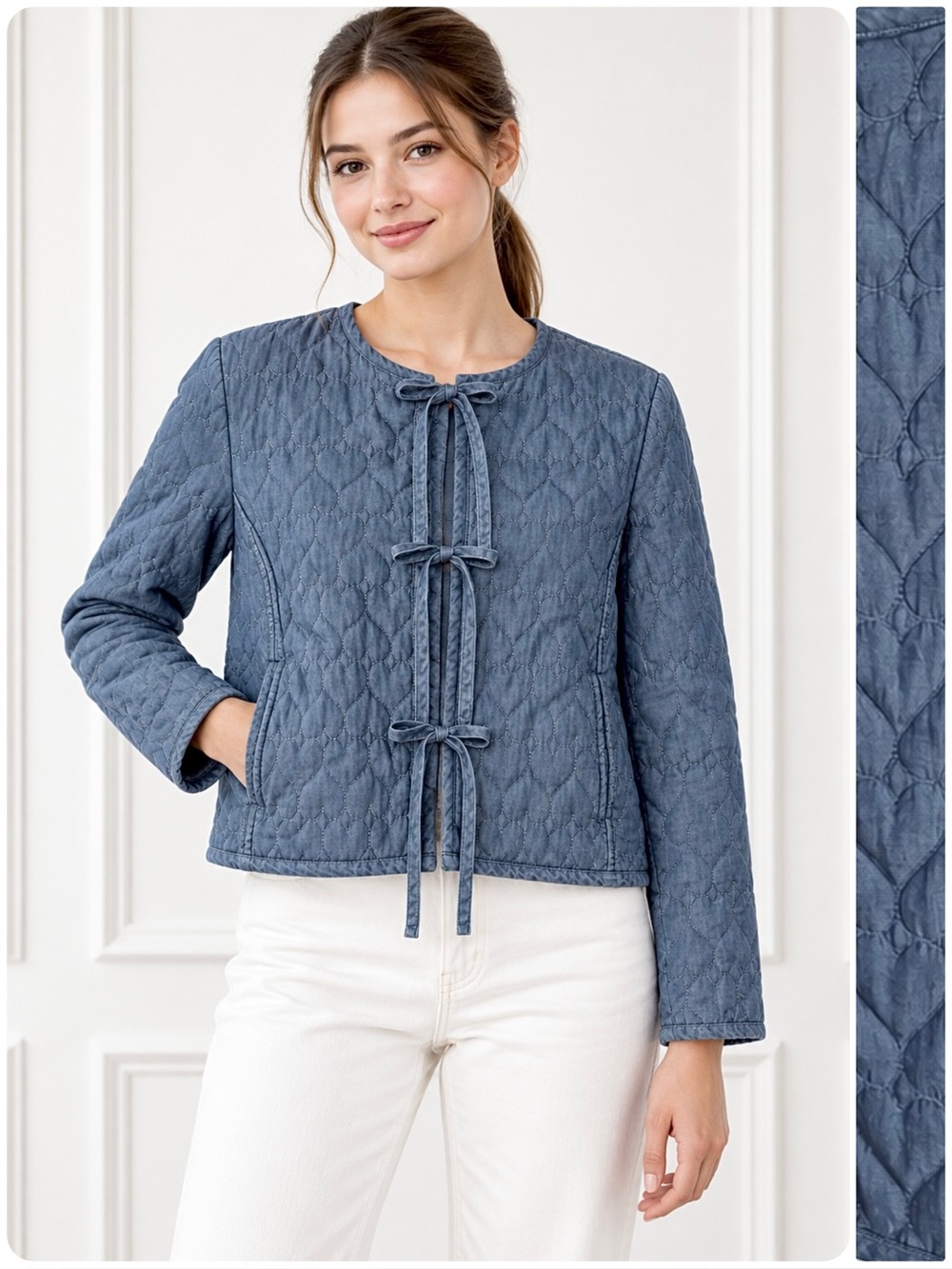 Nanette Lepore Quilted Heart Chambray Jacket Ties Front Pockets Long Sleeve